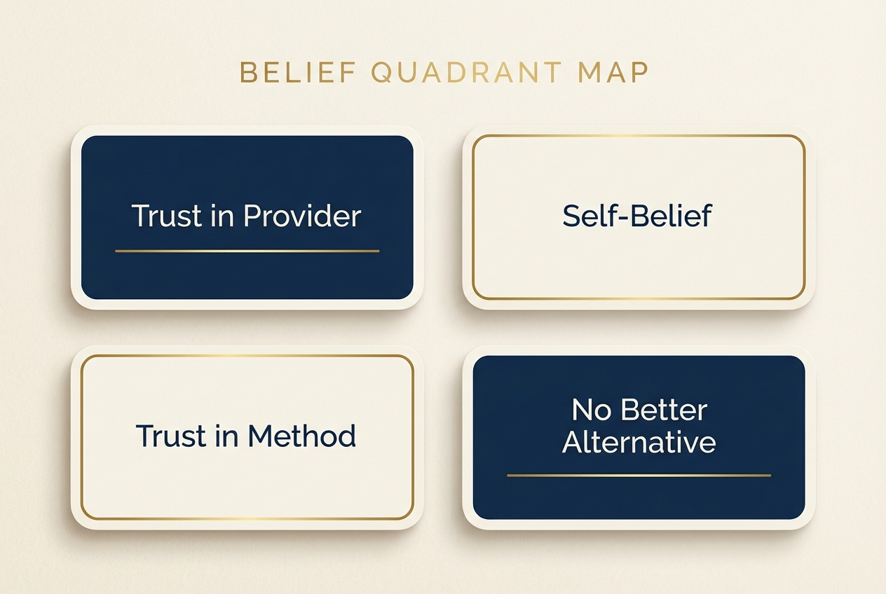 Belief Quadrant Map — the four beliefs someone must hold before they buy: Trust in Provider, Self-Belief, Trust in Method, and No Better Alternative